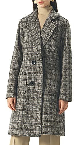 Chouyatou Women's Elegant Notched Collar Double Breasted Wool Blend Coat — Coffee-plaid