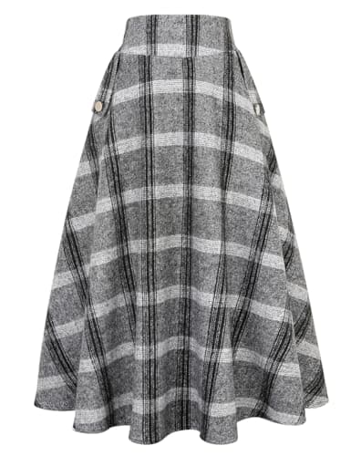 Women's High Waisted Wool Plaid A-line Skirt for Fall/Winter — Plaid Grey