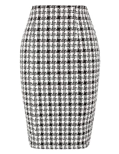 KKate Kasin Women's Elastic Waist Stretch Tweed Pencil Skirt — Black White