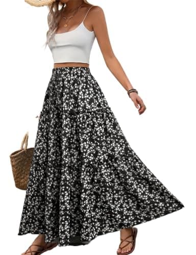 IDEALSANXUN Women's 2024 Summer Boho Elastic High Waisted Tiered Maxi Skirt — Black