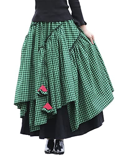 Womens Elastic Waist Retro Maxi Pleated Long Skirt — Plaid Green