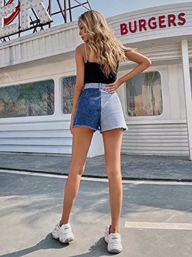 HBER Frayed Hem Patchwork Jean Shorts for Women