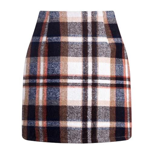 Elastic Waist Zipper Pencil Skirt: Vintage Women's Plaid Mini Above Knee Short Skirts — 01-brown Plaid