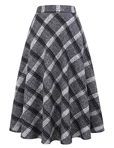 Women's Long Plaid Wool Skirt for Winter: High Waisted A-line Flare — Grey