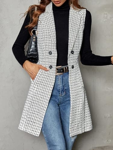 GORGLITTER Women's Plaid Sleeveless Long Vest Cardigan Blazer