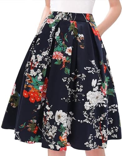 Tandisk Women's Vintage Printed Flared Midi Skirt with Pockets — Navyblue Flower