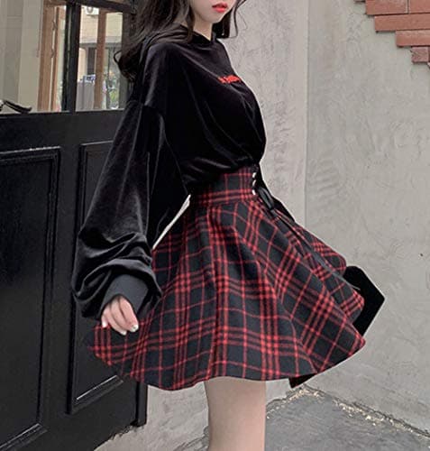 Lunoakvo Women's High Waisted Flare Mini Black Red Plaid Skirt Dress