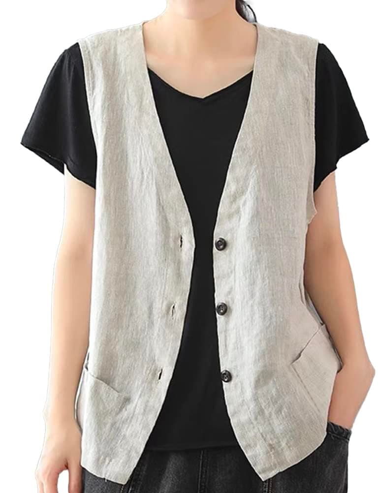 IDEALSANXUN Women's Cotton Linen Sleeveless Blazer Lightweight Vest Cardigan