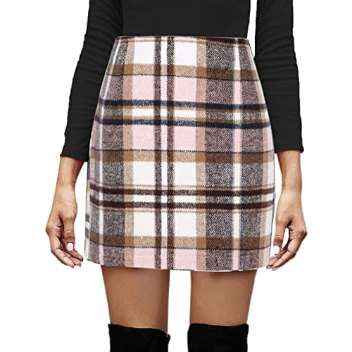 SSPalu High Waisted Plaid Mini Skirts for Women Winter Bodycon — Pink
