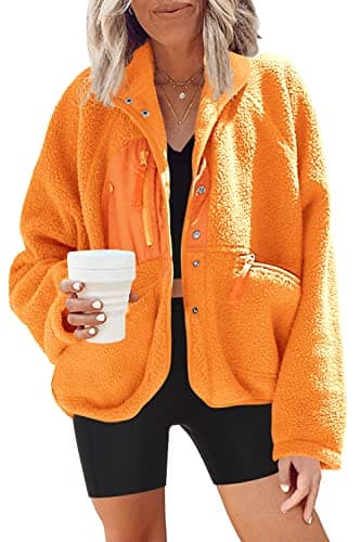 Nirovien Women's Fuzzy Fleece Button Down Sherpa Coat Winter Warm Coat — Orange