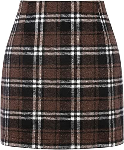 Women's High Waist Plaid Mini Wool Pencil Skirt — Dark Brown