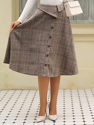 ZAFUL Women's Winter Plaid A-Line Midi Skirt with Pockets