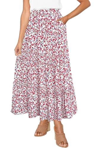 Afibi Women's High Waist A-Line Ruffle Swing Maxi Skirt with Pockets — White Red