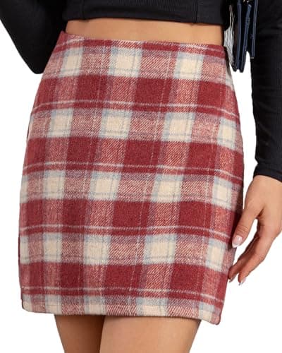 We1Fit Women's Plaid High Waist Wool Bodycon Mini Skirt with Shorts — Red