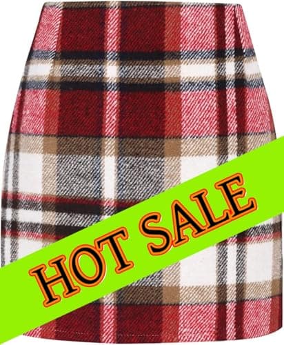 Women's High Waist Plaid Wool Mini Skirt — Red 01