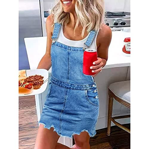 HXHYQKP Classic Denim Adjustable Strap Overall Dress with Suspender Skirt — Sky Blue