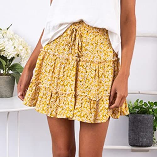 2024 Ruffle Mini Skirt A Line Flared Boho Skater Skirt — Yellow