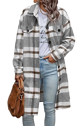 PrettyGarden Women's Plaid Shacket Long Sleeve Button Up Flannel Winter Coat — Plaid Grey