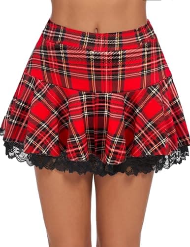 Avidlove Women's Mini Pleated Lace Ruffle Skirt — Red Plaid