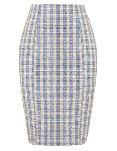 Kate Kasin Women's Knee-Length Stretchy Tweed Pencil Skirt — Tweed Blue