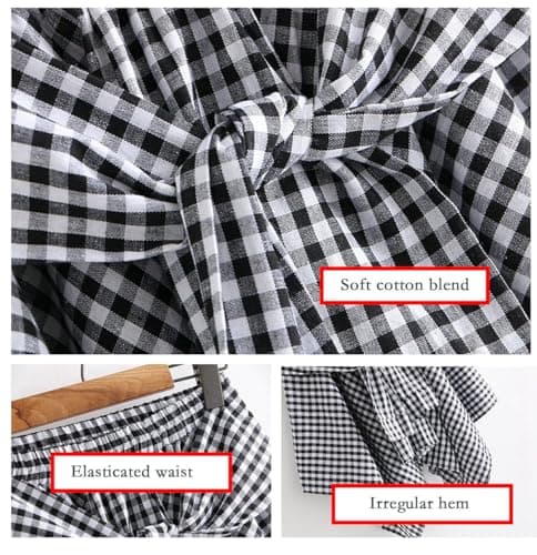 Women's Elastic Waist Plaid Mini Skater Skirt Knot Front Irregular Hem