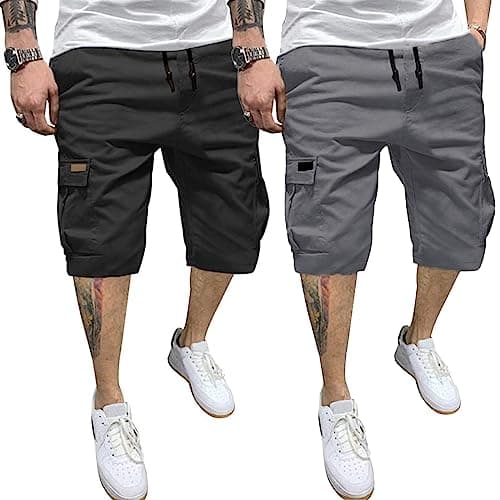 PIDOGYM Men's Waterproof Casual Cargo Shorts with 6 Pockets — Black&darkgrey