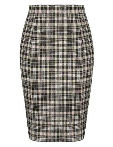Women's Kate Kasin Knee-Length Elastic Waist Stretch Plaid Business Skirt — Plaid Apricot Black