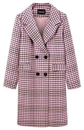 CHARTOU Women's Winter Oversize Woolen Plaid Peacoat Jacket — Pink