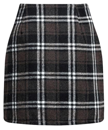 EachWell Women's High-Waist Plaid Wool Bodycon Mini Skirt — Coffee