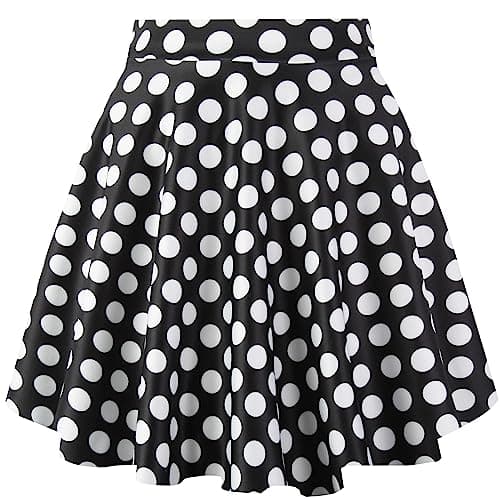 PUKAVT Women's A-Line Mini Flared Stretchy Skater Party Skirt — Black White Dot