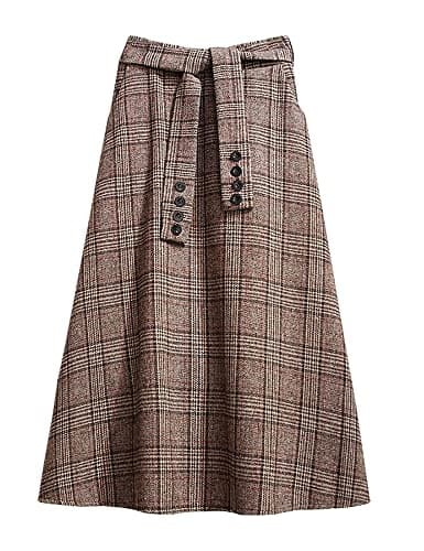 IDEALSANXUN Women's Wool Plaid A-Line Midi Skirt - High Waisted and Belted for Fall/Winter — Khaki