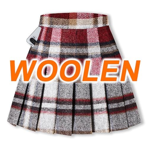 Sangtree Women's Wool Pleated Skirt with Stretch Band, US 4XL, Winterattice — Plaid Red White Woolen