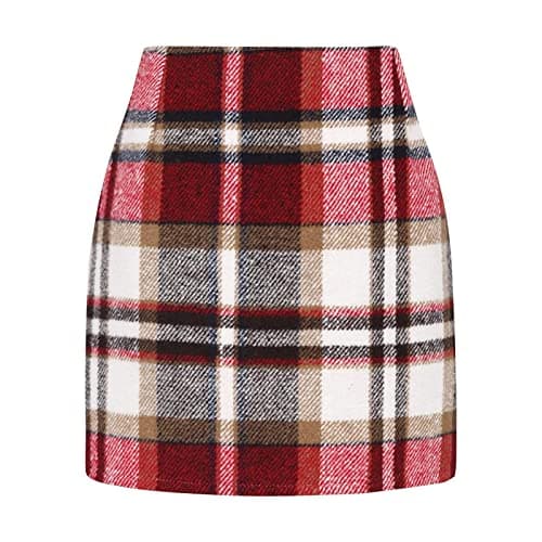 Elastic Waist Zipper Pencil Skirt: Vintage Women's Plaid Mini Above Knee Short Skirts — 03-red Plaid