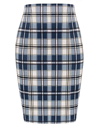 Women's Kate Kasin Knee-Length Elastic Waist Stretch Plaid Business Skirt — Plaid Blue