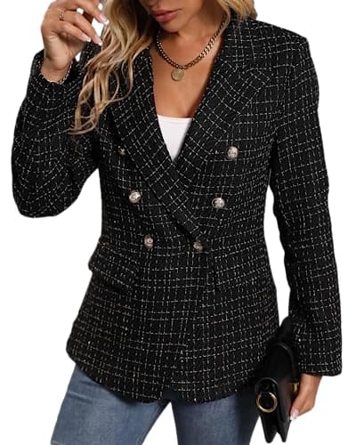 Mina Self 2025 Women's Spring Plaid Tweed Lapel Blazer Jacket with Pockets