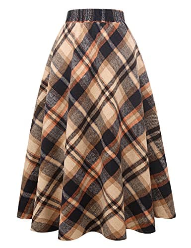 Women's Long Plaid Wool Skirt for Winter: High Waisted A-line Flare