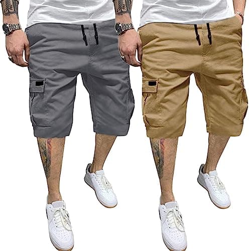 PIDOGYM Men's Waterproof Casual Cargo Shorts with 6 Pockets — Darkgrey&khaki