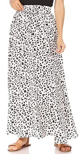Trendy Women's Maxi Skirts - Flowy Summer Aline Elastic High Waisted Reg & Plus Size — White Leopard