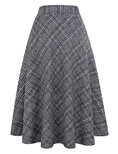 Mywinway Women's Warm Winter Aline High-Waisted Wool Plaid Skirts — Black White