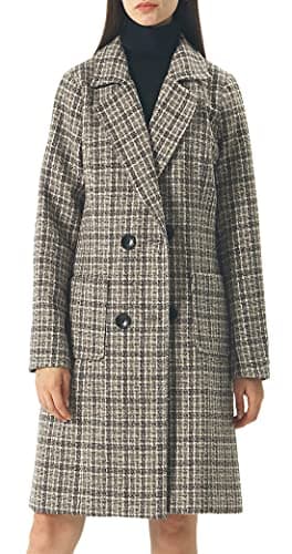 Chouyatou Women's Elegant Notched Collar Double Breasted Wool Blend Coat — Khaki-plaid