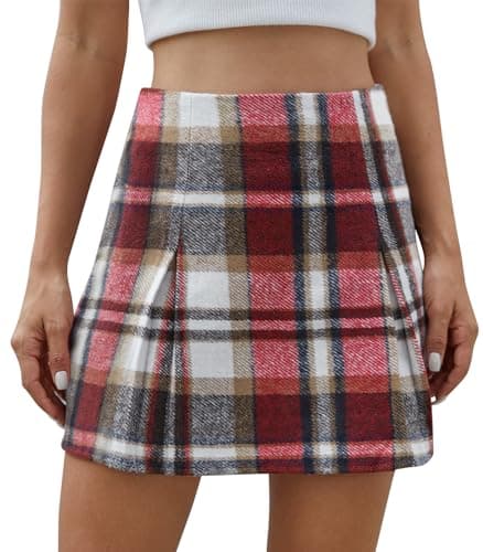 Scacto Women's High-Waisted Zipper Plaid Mini Pleated A-Line Skirt — Red
