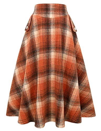 Women's High Waisted Wool Plaid A-line Skirt for Fall/Winter — Plaid Orange