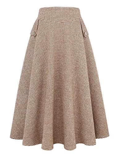 Women's High Waisted Wool Plaid A-line Skirt for Fall/Winter — Camel