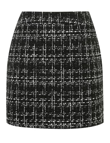 Women's Wool Plaid Mini Skirt with Elastic Waist for Fall and Winter — Tweed Black