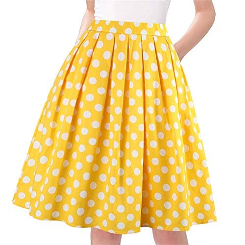 Taydey Vintage Pleated A-Line Skirts for Women — Y-yellow Polka Dot