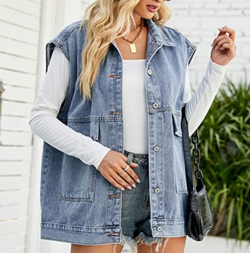 PAODIKUAI Women's Oversized Distressed Denim Vest Jackets