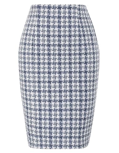 KKate Kasin Women's Elastic Waist Stretch Tweed Pencil Skirt — Blue White