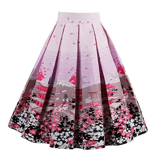 Girstunm Women's Floral Print A-line Midi Skirt with Pockets — Pink-flower