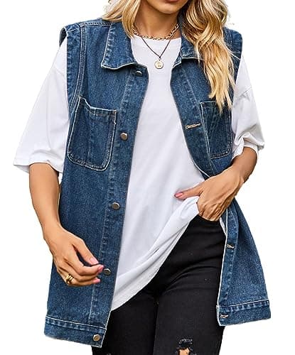 PAODIKUAI Women's Oversized Distressed Denim Vest Jackets — A7-blue