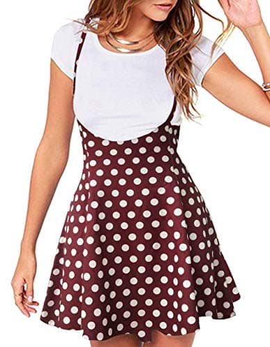 Jedyful Women's Casual High Waist Flare Skater Skirt with Shoulder Straps — 01-y-wine Dot